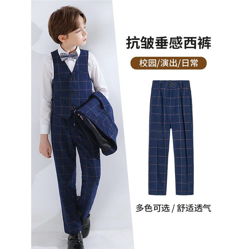男童黑色西裤儿童长裤子钢琴表演出服学院藏青色格子纯黑色校服裤