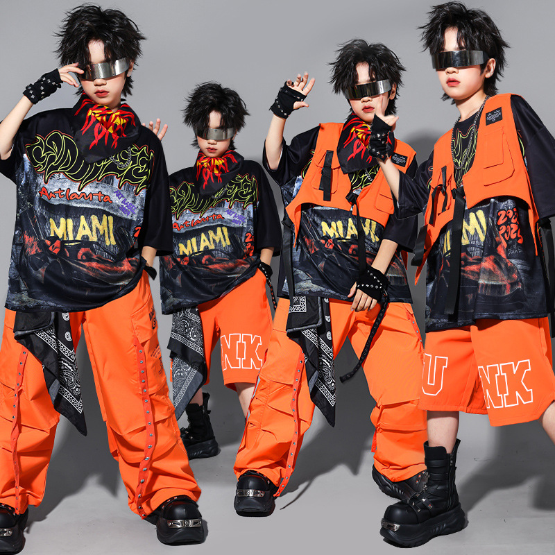 儿童街舞演出服嘻哈hiphop男童马甲套装少儿架子鼓服装男孩