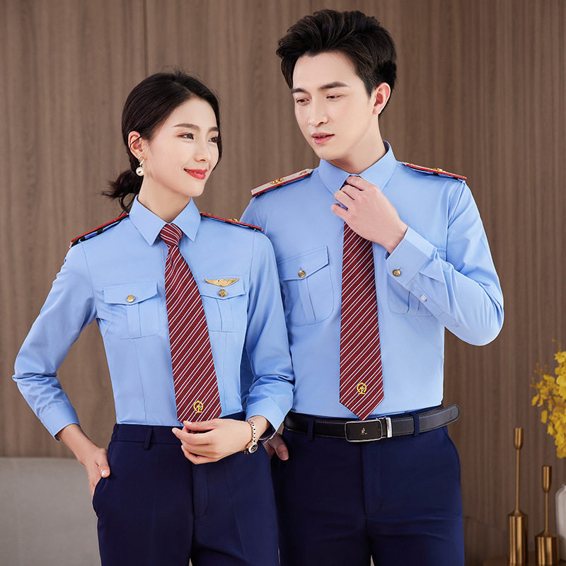 现货棉40.6%蓝色长袖铁道学校服铁路衬衫衬衣男女同款高铁衬衫装