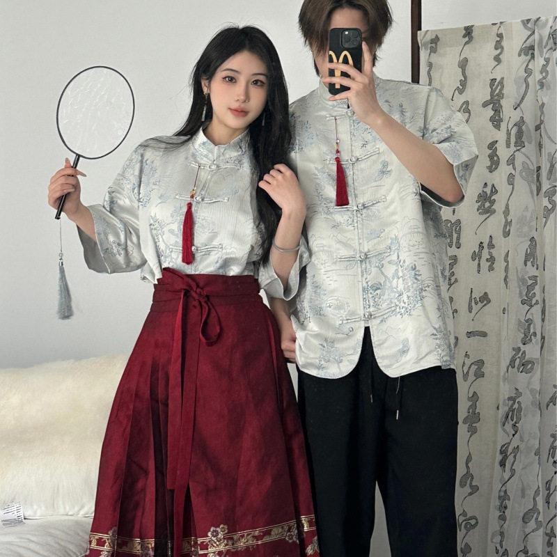 2025实拍情侣提花短袖男女套装 班服校服毕业照 东方美学表演服装