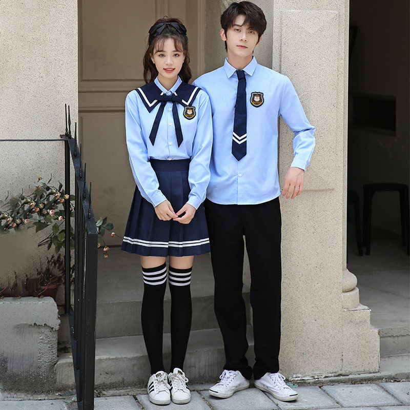 厂家批发 高中生校服套装 初中学生长袖衬衣海军领毕业班服 代发