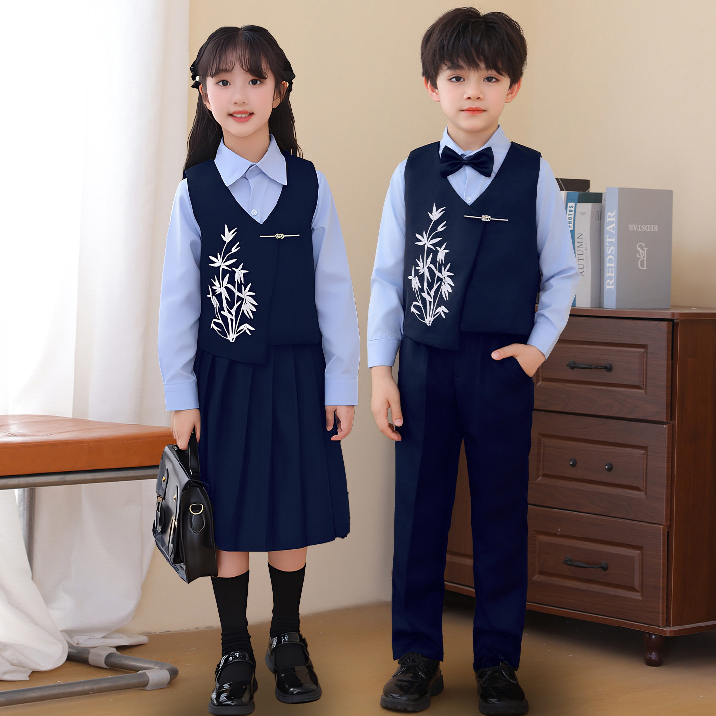 儿童学院风校服朗诵比赛演出服小学生合唱表演服中式竹叶马甲套装