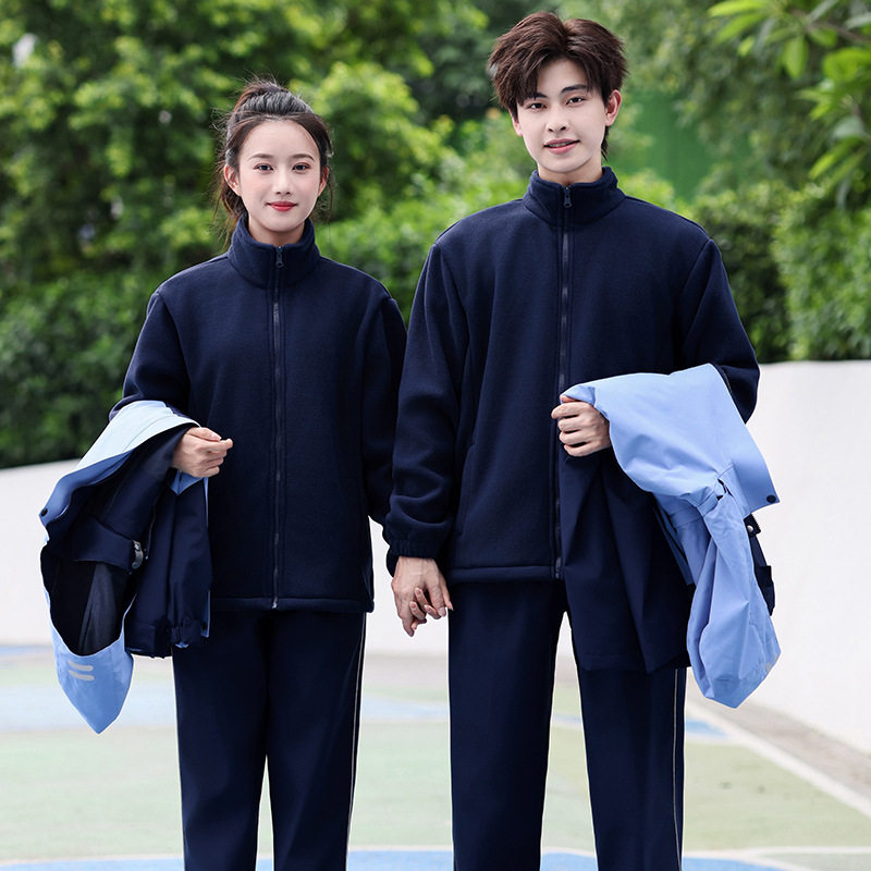 冬季中学生班服加绒套装小学生校服冲锋衣三件套保暖防风连帽外套