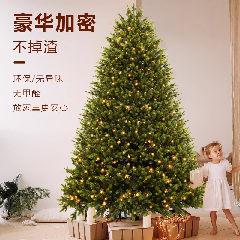 跨境爆款圣诞树纯pe自带灯发光家用加密圣诞节装饰布置环保无