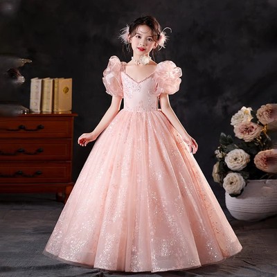儿童礼服绝美高端洋气生日宴粉色主持人钢琴演奏女童蓬蓬公主裙