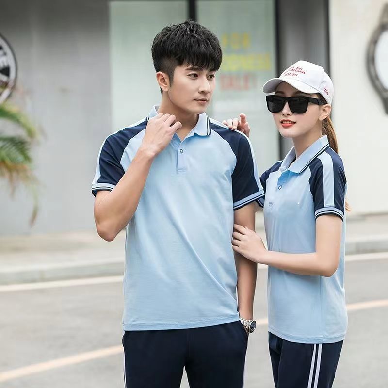 校服短袖纯棉T恤高中生初中学生班服POLO衫夏季小学生白色浅蓝色图片