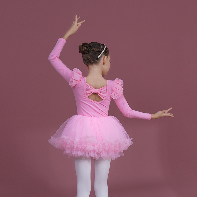 儿童舞蹈服粉色纯棉女童练功服幼儿考级秋冬芭蕾舞纱裙中国舞