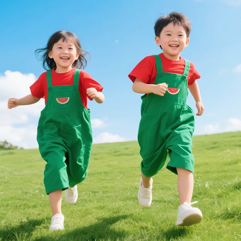幼儿园小班西瓜舞演出服可爱背带裤顶呱呱团体机械啦啦操表演班服