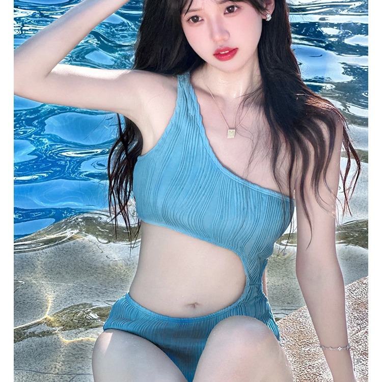 连体泳衣女2024新款遮肚显瘦小胸性感单肩游泳衣韩国时尚ins风
