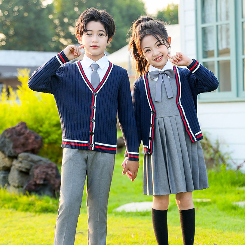 小学生校服开衫女童毛衣幼儿园藏青色针织儿童外套男童学院风毛衫