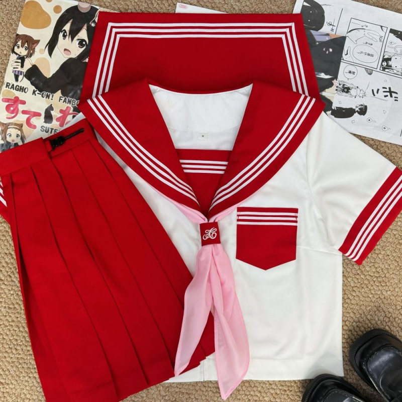 现货批发 jk日系多巴胺红色短袖制服学院风水手服女套装校服套装