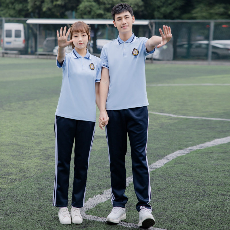 中学生夏季短袖校服套装初高中生休闲毕业照蓝白男女运动班服团购