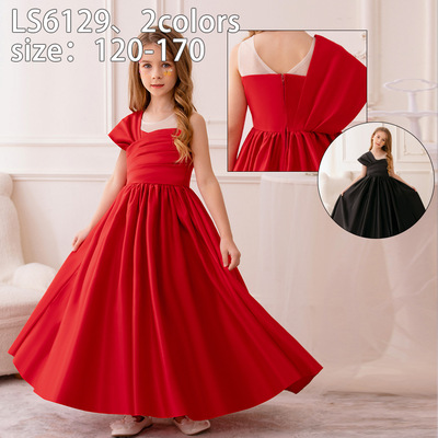 欧美新款外贸儿童公主裙花童婚纱晚礼服绸缎长裙女童蓬蓬裙