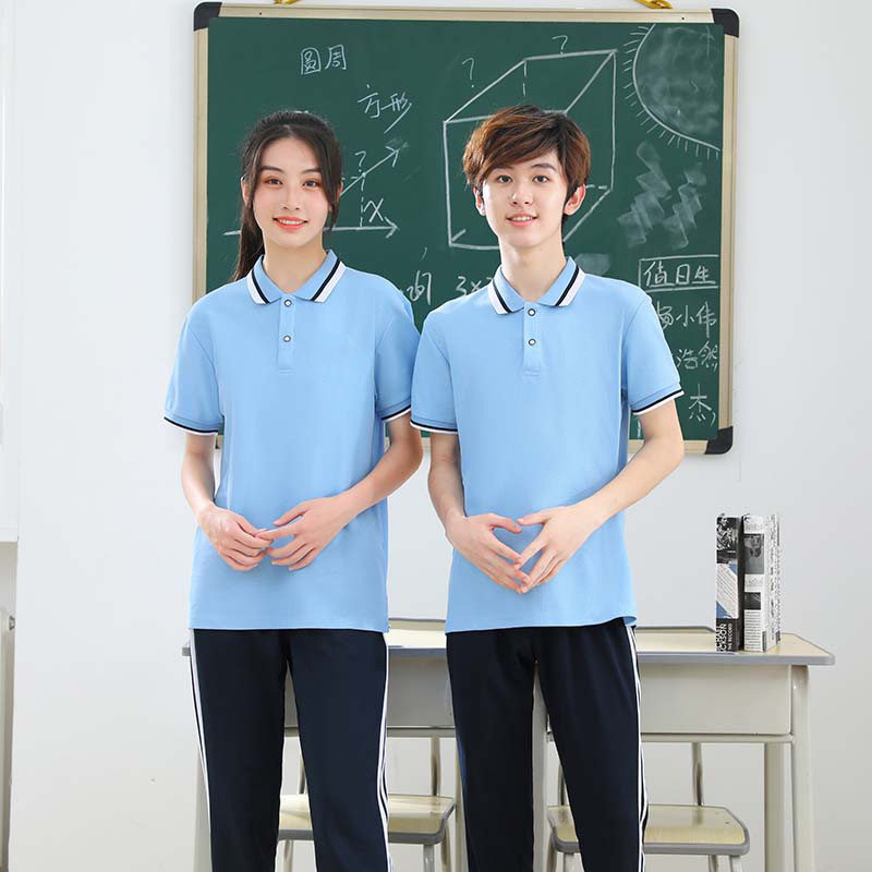 中小学生夏季校服短袖套装高中生蓝色班服初中生POLO衫班服半袖