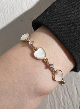 Love bracelet girl 猫眼石爱心手链女复古抽拉式可调节手环女