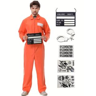 Prisoner costume set orange jumpsuit 5pcs/set handcuffs pris