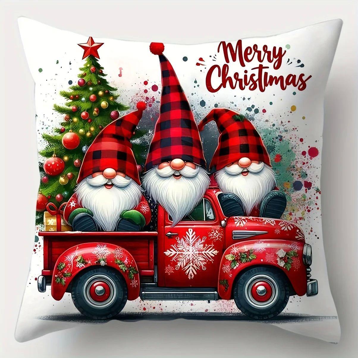 1pcs Christmas Throw Pillow Covers, Gnome and Truck Print, S