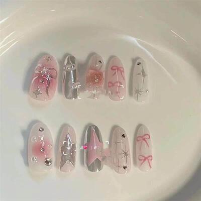10Pcs Pink Handmade Press on Nails Full Cover Bow Tie Rhines