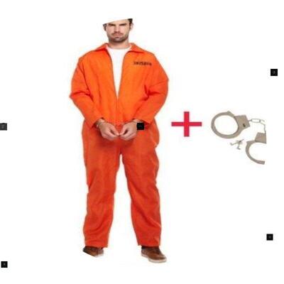 Mens Halloween Orange Jumpsuit Convict prisoner Costume Cos