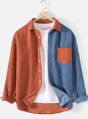 Men's Lapel Pocket Long Sleeve Shirts Corduroy Patchwork