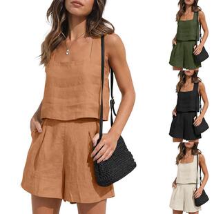 Women's casual set linen shorts sleeveless top vest