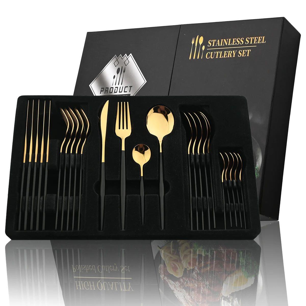 24Pcs Black Handle Golden Cutlery Set Stainless Steel Knife