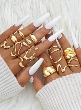 Ring set of 15 pieces新款跨境开 口覆古戒指饰品金色戒指15件套