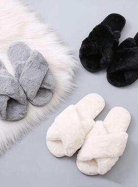 Women Warm Fluffy Slippers Cozy Faux Fur Cross Indoor Slides