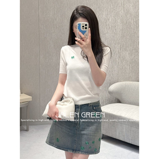 GREEN 幸运四叶草白色针织短袖 叛逆艺术姐感 女上衣 JALEN