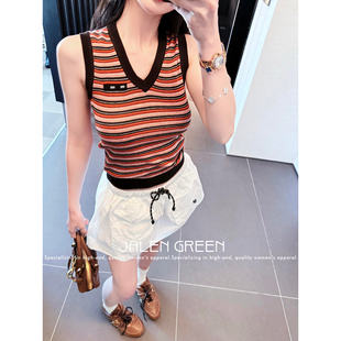 甜妹必入 背心 条纹背心女 JALEN 万能甜美V字领夏季 GREEN