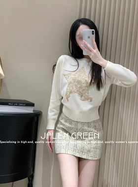 JALEN GREEN温柔星星!1-26/星星刺绣长袖螺纹圆领羊绒针织毛衣女