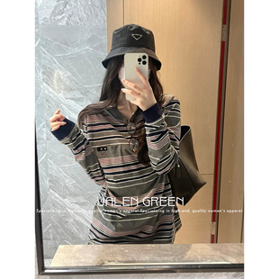 GREEN 撞色条纹长袖 时髦感 宽松百搭女上衣 21艺术学姐 JALEN