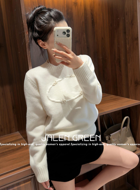 JALEN GREEN温柔高智学姐!1-26/立体字母刺绣圆领羊绒针织毛衣女