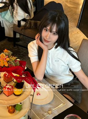 JALEN GREEN 千金学院风!1-14/字母刺绣polo领短袖羊绒针织毛衣女