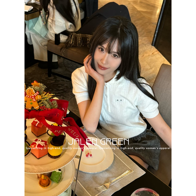 JALEN GREEN 千金学院风!1-14/字母刺绣polo领短袖羊绒针织毛衣女