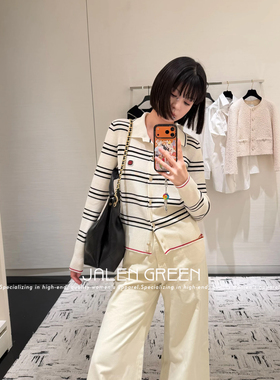 JALEN GREEN 留子学院风!1-14/黑白条纹羊绒polo领针织长袖开衫女