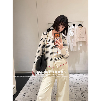 JALEN GREEN 留子学院风!1-14/黑白条纹羊绒polo领针织长袖开衫女
