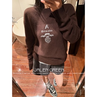 JALEN GREEN 经典古着感!1-20/学院风字母徽章刺绣圆领羊绒毛衣女