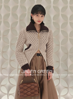 JALEN GREEN 老钱贵气感!1-14/撞色镂空编织大翻领羊毛开衫外套女