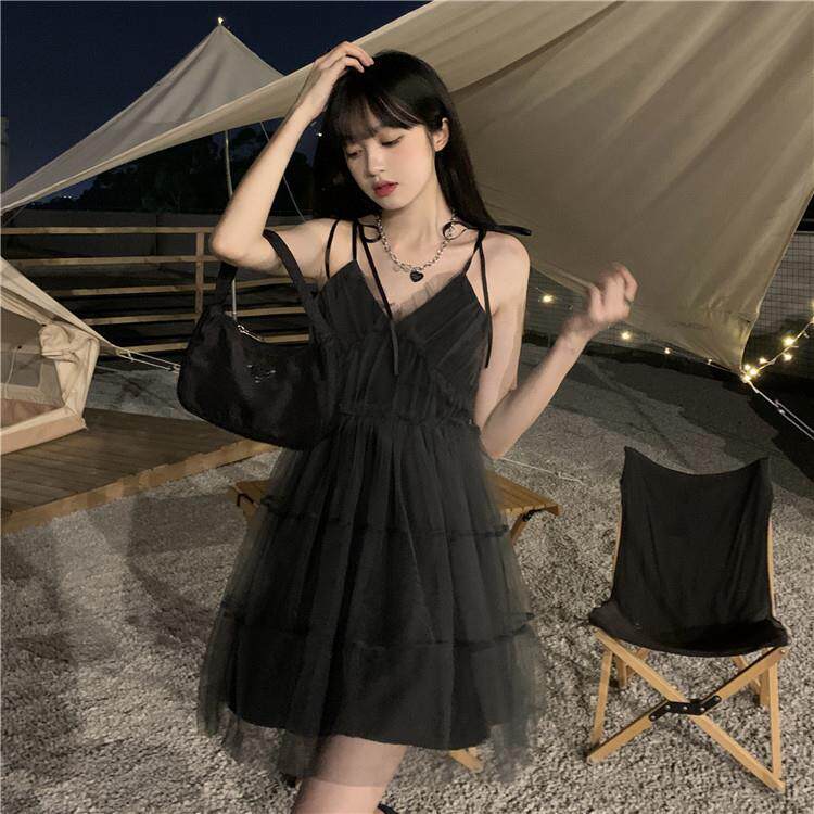 黑色网纱吊带连衣裙女夏季2023新款法式设计感小个子甜辣妹短裙子