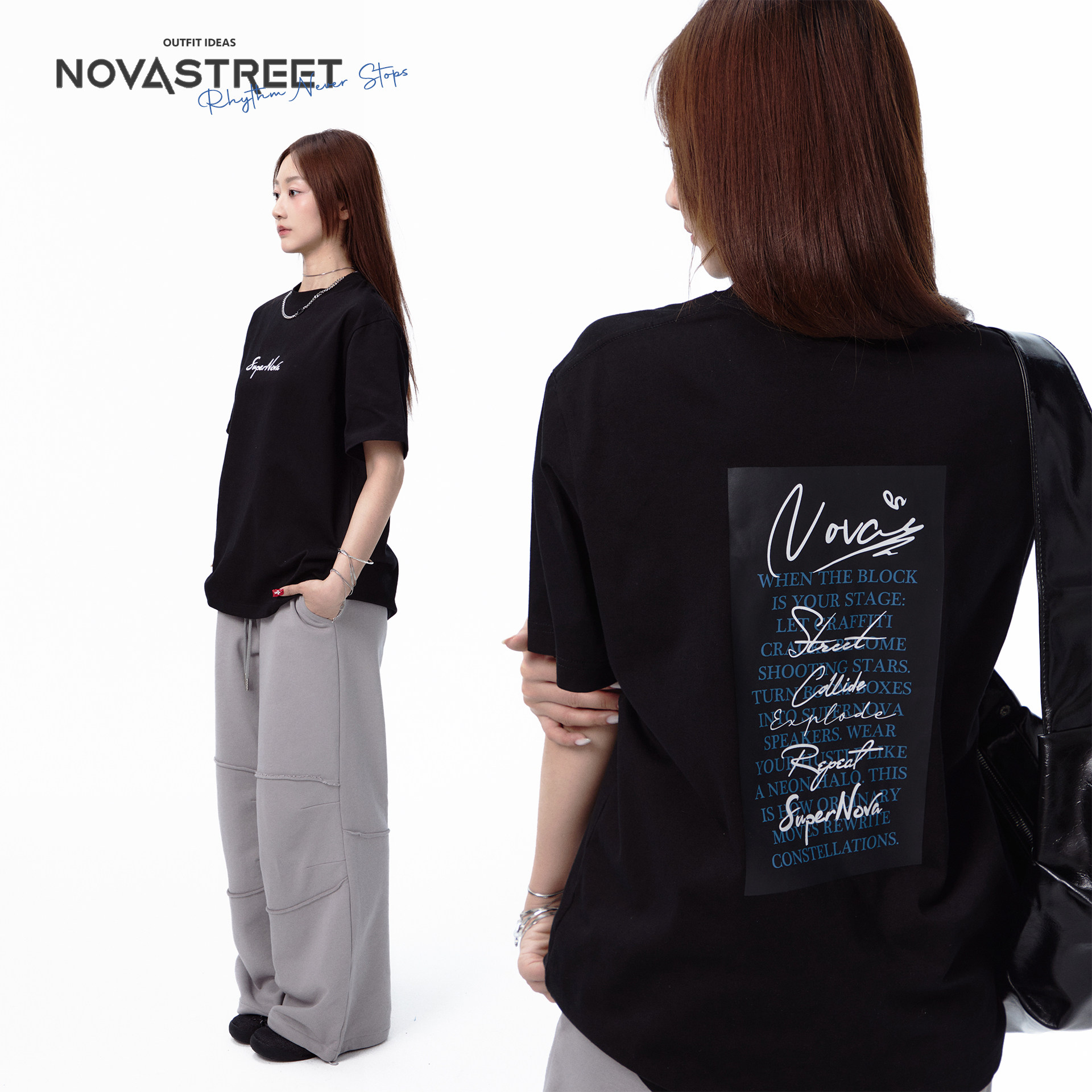 NovaStreet 休闲宽松T恤字母印花短袖上衣简约长款街舞嘻哈女夏