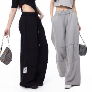 潮牌女 中腰阔腿宽松街舞抽绳运动裤 NovaStreet 拼接毛边贴布卫裤