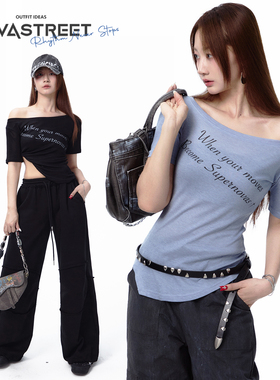 NovaStreet 天丝羊毛斜肩圆领长袖短袖T恤两穿上衣印花街舞爵士秋