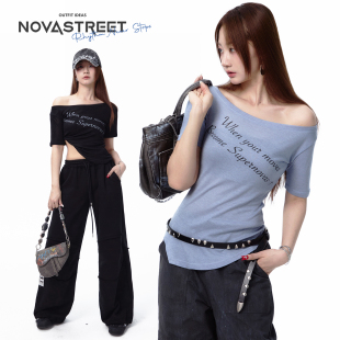 T恤两穿上衣印花街舞爵士秋 短袖 NovaStreet 天丝羊毛斜肩圆领长袖