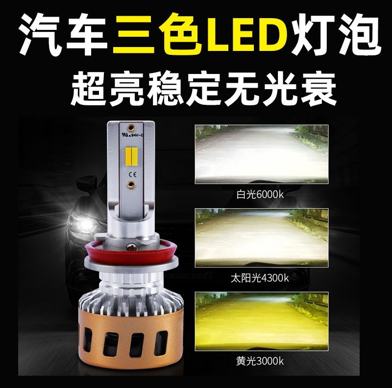 三色温led改装超亮聚光前大灯