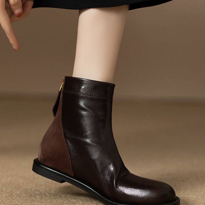 短靴女后拉链英伦复古风平底马丁靴拼接圆头软皮软底百搭瘦瘦靴女,女鞋,马丁靴,淘宝优惠券,粉丝福利购,淘宝优惠卷
