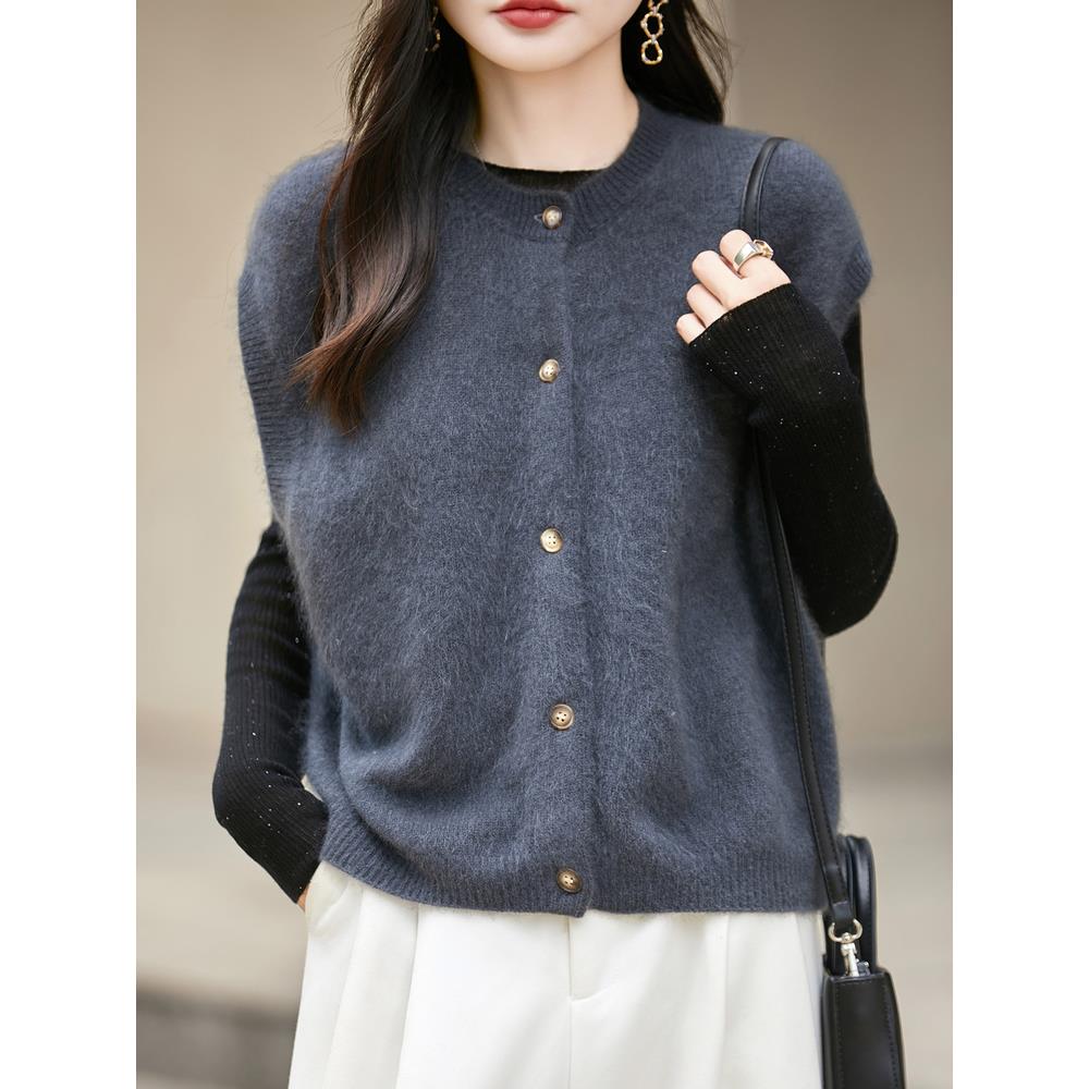 ROUMIKL法式纯拉绒针织马甲开衫女外套毛衣2025新款宽松休闲坎肩