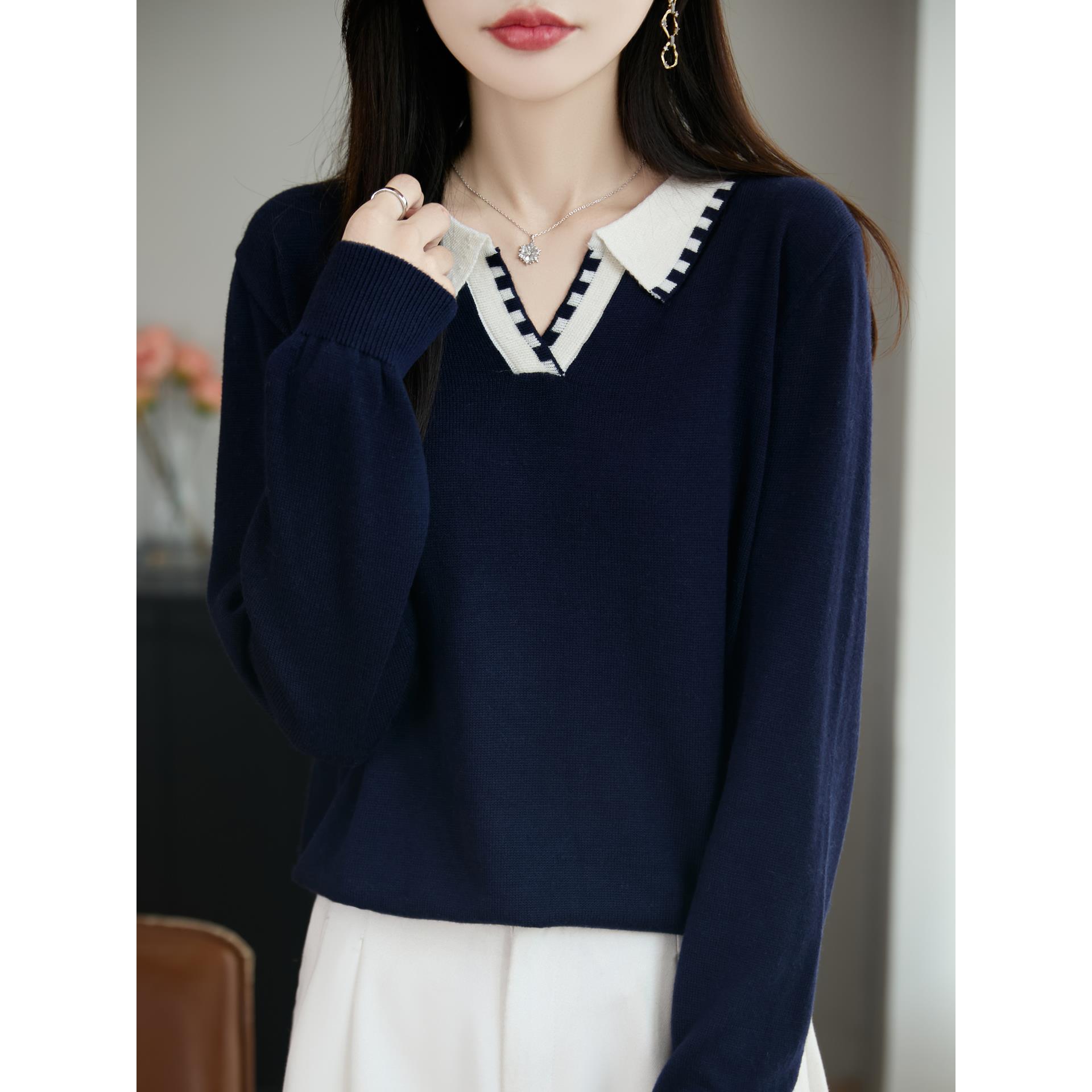 ROUMIKL法式高端撞色POLO领针织衫女2025新款洋气内搭保暖翻领打