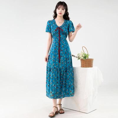 RIERA茶歇法式V领碎花连衣裙女夏日绝美高级感温柔风海边度假蓝色