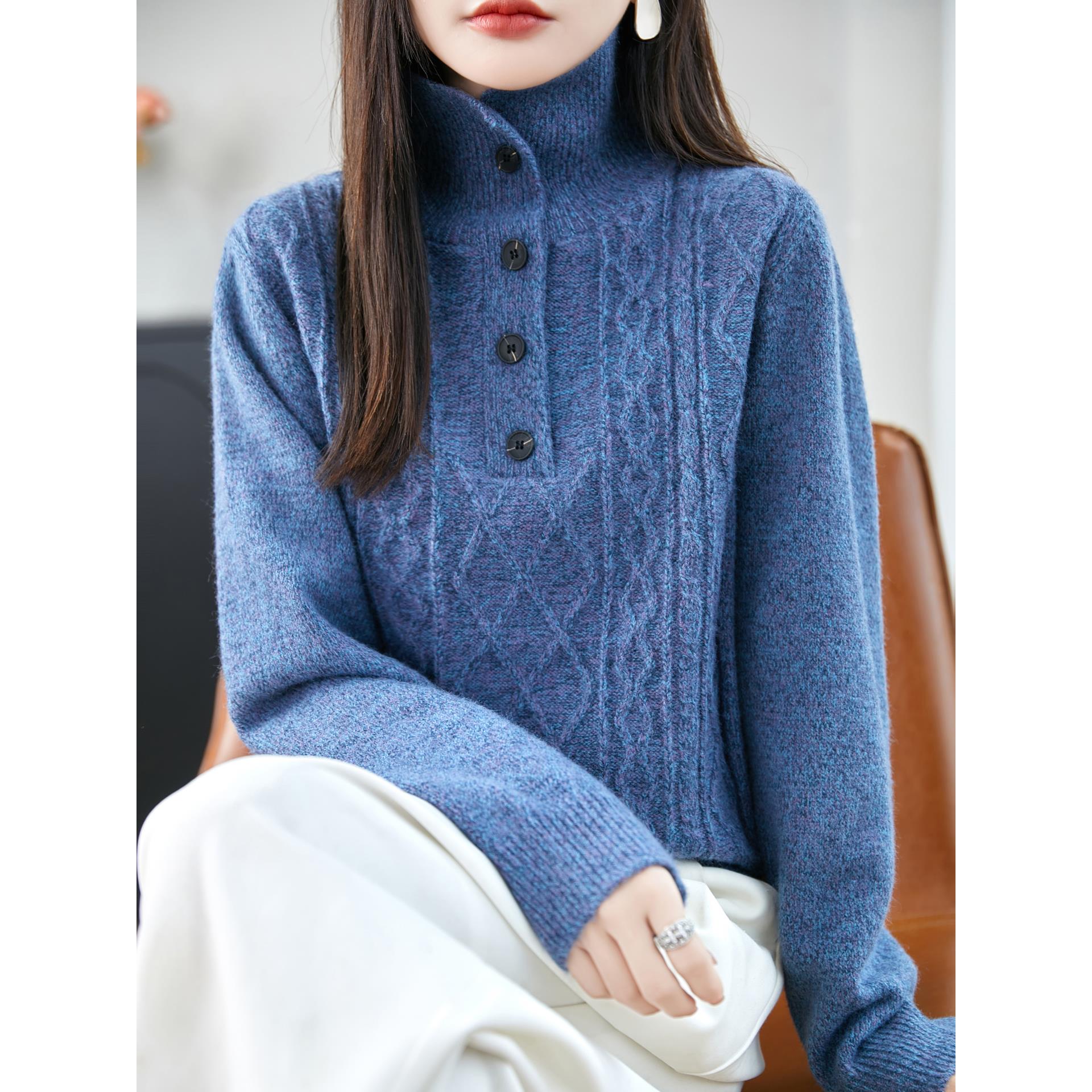 ROUMIKL法式覆古麻花加厚针织衫女放翻领绞花毛衣2025新款保暖内